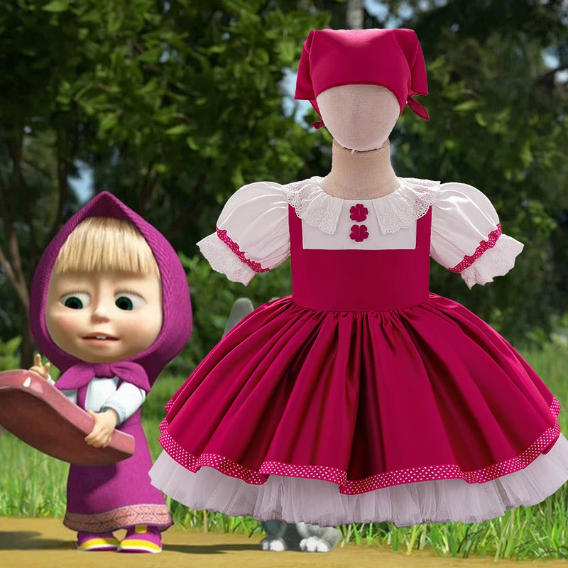 Masha And The Bear Anime Girl Princess Dress Cosplay Coat Satin Girl Dress Hat - Image 2